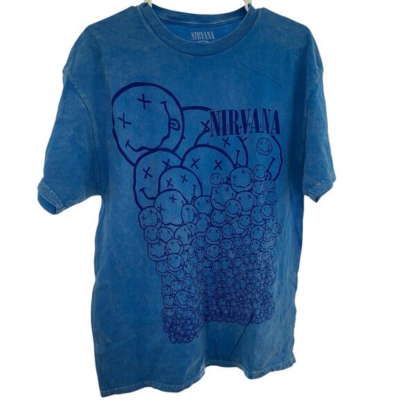 NIRVANA All Over Smiley Faces Tee in Blue Acid Wash Size Large New without Tag - Picture 1 of 5